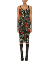 Calf-length bustier dress in rose-print marquisette -  | Dolce &amp; Gabbana