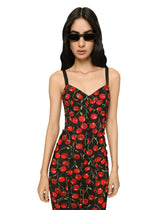 Cherry-print stretch calf-length corset dress -  | Dolce & Gabbana