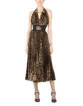 Crepe de chine calf-length dress with leopard print and sunray pleats -  | Dolce & Gabbana