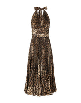 Crepe de chine calf-length dress with leopard print and sunray pleats -  | Dolce & Gabbana