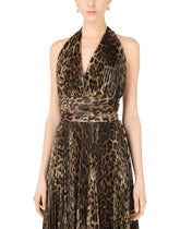 Crepe de chine calf-length dress with leopard print and sunray pleats -  | Dolce & Gabbana