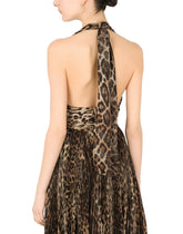 Crepe de chine calf-length dress with leopard print and sunray pleats -  | Dolce & Gabbana