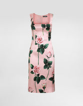 Satin calf-length sheath dress with rose print -  | Dolce &amp; Gabbana