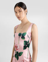 Satin calf-length sheath dress with rose print -  | Dolce &amp; Gabbana
