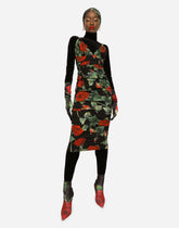 Charmeuse midi dress with red rose print -  | Dolce &amp; Gabbana