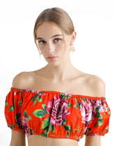 Bardot-neck top in rose-print cotton -  | Dolce &amp; Gabbana