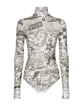 Tulle turtleneck bodysuit with graffiti logo print -  | Dolce & Gabbana