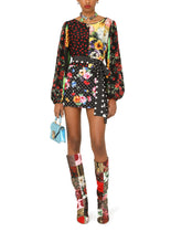 Long-sleeved patchwork crepe de chine blouse with belt -  | Dolce & Gabbana