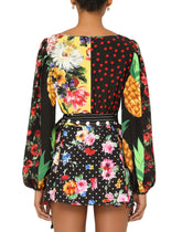 Long-sleeved patchwork crepe de chine blouse with belt -  | Dolce & Gabbana