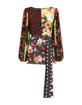 Long-sleeved patchwork crepe de chine blouse with belt -  | Dolce & Gabbana