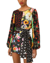 Long-sleeved patchwork crepe de chine blouse with belt -  | Dolce & Gabbana