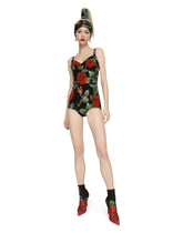 Charmeuse bodysuit with red rose print -  | Dolce &amp; Gabbana