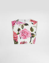 Cotton jacquard crop top with rose print -  | Dolce &amp; Gabbana