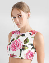 Cotton jacquard crop top with rose print -  | Dolce &amp; Gabbana