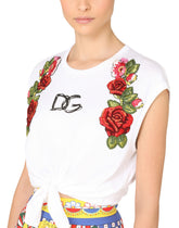 Jersey T-shirt with tie hem and raffia embroidery -  | Dolce &amp; Gabbana