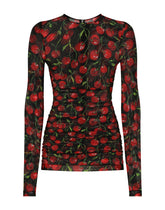 Long-sleeved tulle top with cherry print and draping -  | Dolce & Gabbana