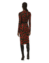 Long-sleeved tulle top with cherry print and draping -  | Dolce & Gabbana