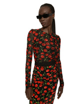 Long-sleeved tulle top with cherry print and draping -  | Dolce & Gabbana