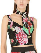 Twill headscarf with white rose print -  | Dolce & Gabbana