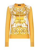 Silk sweater with majolica-print silk twill panel on the front -  | Dolce &amp; Gabbana