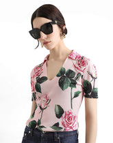 Shirt with silk collar and Rose print -  | Dolce &amp; Gabbana