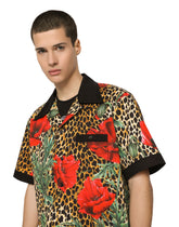 Cotton Hawaiian shirt with ocelot and poppy print -  | Dolce & Gabbana