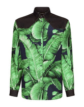 Silk and stretch denim shirt with banana tree print -  | Dolce &amp; Gabbana