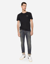 Cotton V-neck T-shirt with branded plate -  | Dolce & Gabbana