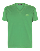 Cotton v-neck t-shirt with branded plate -  | Dolce &amp; Gabbana