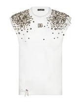 Sleeveless printed cotton T-shirt with studs and DG patch -  | Dolce & Gabbana