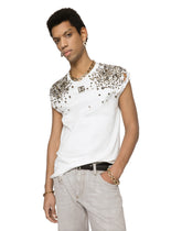 Sleeveless printed cotton T-shirt with studs and DG patch -  | Dolce & Gabbana
