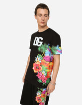 Cotton round-neck T-shirt with Hawaiian print -  | Dolce & Gabbana