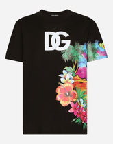 Cotton round-neck T-shirt with Hawaiian print -  | Dolce & Gabbana