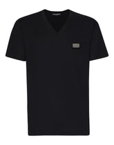 Cotton V-neck T-shirt with branded tag -  | Dolce &amp; Gabbana