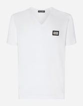 Cotton V-neck T-shirt with branded tag -  | Dolce &amp; Gabbana