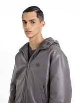 Padded leather jacket with hood and plaque -  | Dolce &amp; Gabbana