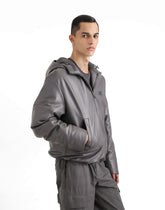 Padded leather jacket with hood and plaque -  | Dolce &amp; Gabbana