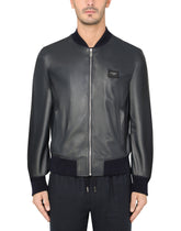 Leather jacket with branded tag -  | Dolce &amp; Gabbana