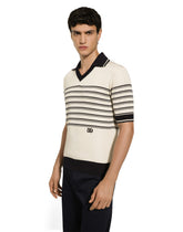 Striped silk V-neck polo-shirt with DG logo -  | Dolce &amp; Gabbana