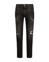 Slim-fit gray stretch denim jeans with abrasions -  | Dolce & Gabbana