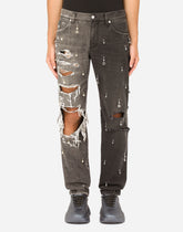 Two-tone regular-fit jeans with pearl pendants and DG logo -  | Dolce &amp; Gabbana