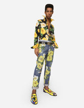 Loose blue denim jeans with all-over rose print -  | Dolce & Gabbana