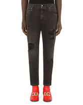 Loose black wash jeans with rips and DG patch -  | Dolce &amp; Gabbana