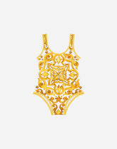 One-piece swimsuit with yellow majolica print -  | Dolce &amp; Gabbana