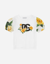 Poplin and jersey T-shirt with yellow rose print and DG logo -  | Dolce &amp; Gabbana