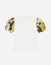 Poplin and jersey T-shirt with yellow rose print and DG logo -  | Dolce &amp; Gabbana