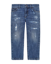 Petrol blue regular-fit stretch jeans with abrasions -  | Dolce & Gabbana