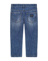 Petrol blue regular-fit stretch jeans with abrasions -  | Dolce & Gabbana