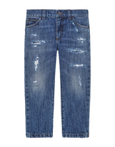 Petrol blue regular-fit stretch jeans with abrasions -  | Dolce & Gabbana