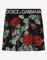Charmeuse miniskirt with branded elastic and rose print -  | Dolce &amp; Gabbana